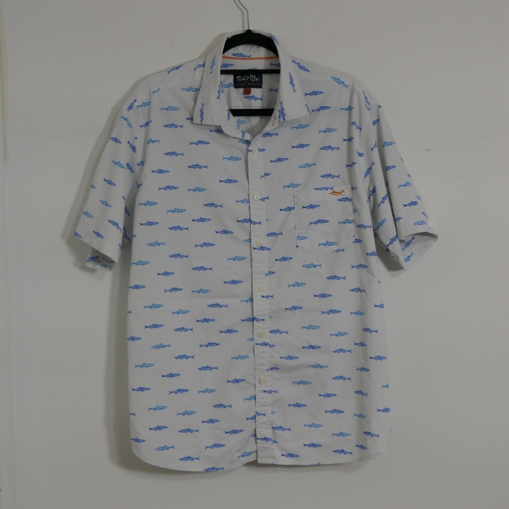Salt Life Mens Shirt XL White Blue Fish Print Coastal SLM30200 Salty Nautical